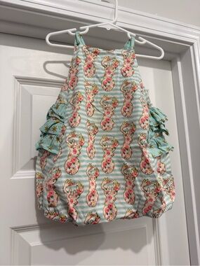 Riccac & Ruffles Mint Striped Bubble Romper with Pink Floral Deer